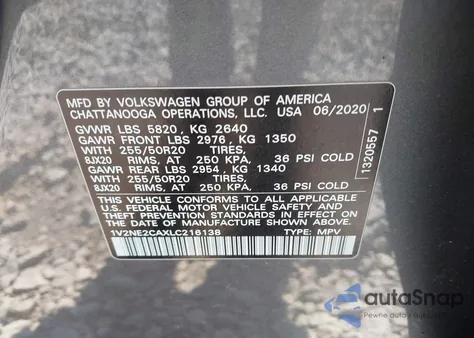 2020 Volkswagen Atlas Cross Sport 3.6L V6 Sel Premium z USA, uszkodzony, nr VIN 1V2NE2CAXLC216138